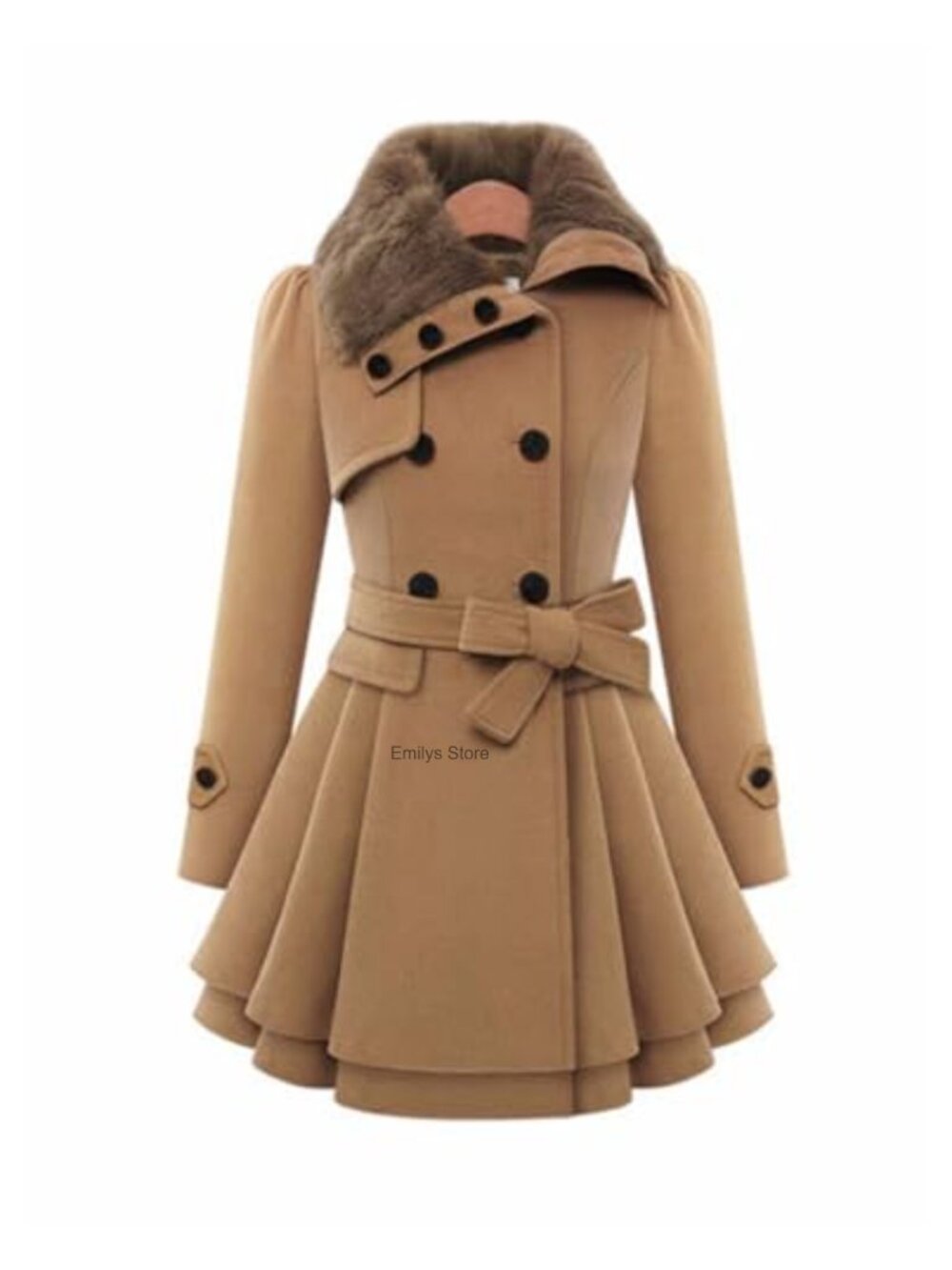Womens Faux Fur Collar Double Breasted Belted Trench Coat Pea Coat